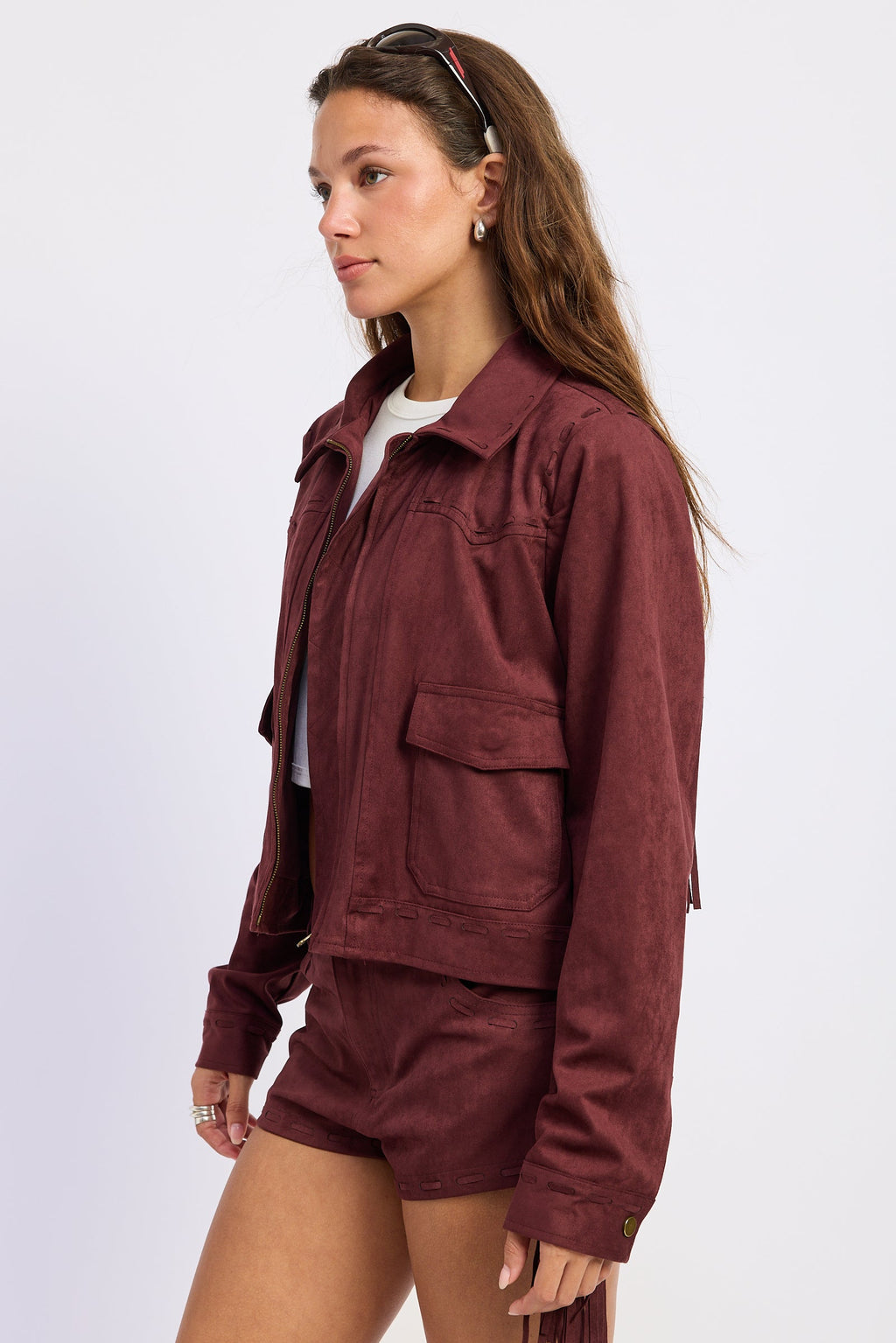Suede Cropped Jacket in wine, side view