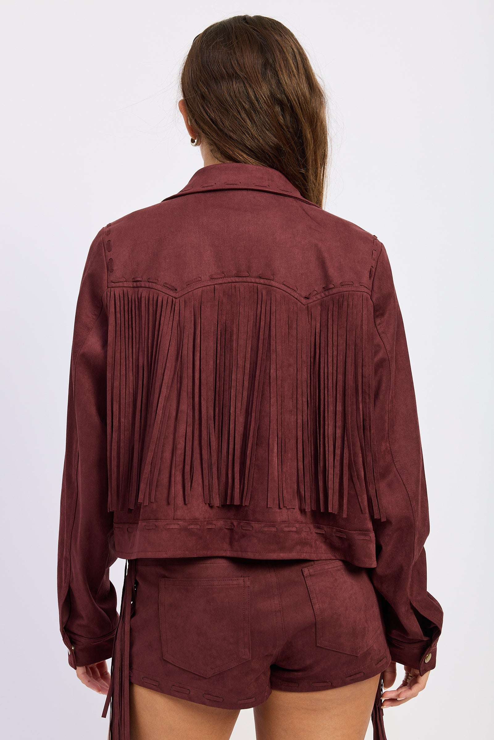 Suede Cropped Jacket in wine, worn