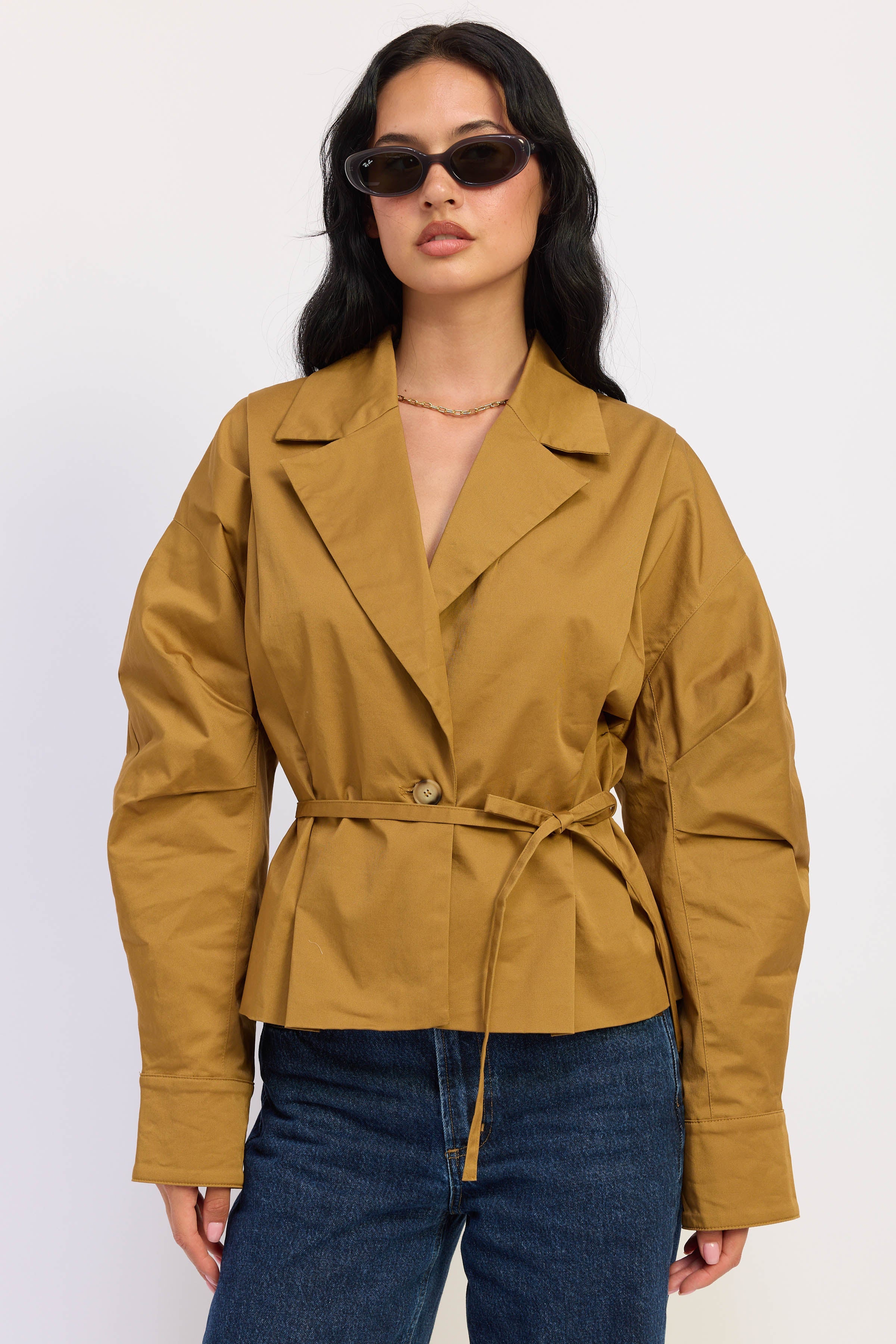 V-Neck Button Front Jacket in khaki, front view