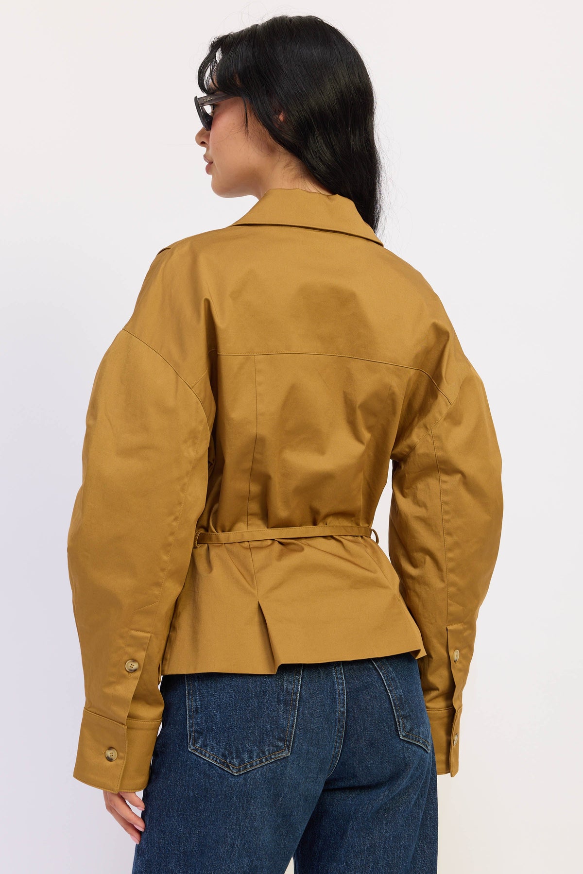 V-Neck Button Front Jacket in khaki, close-up