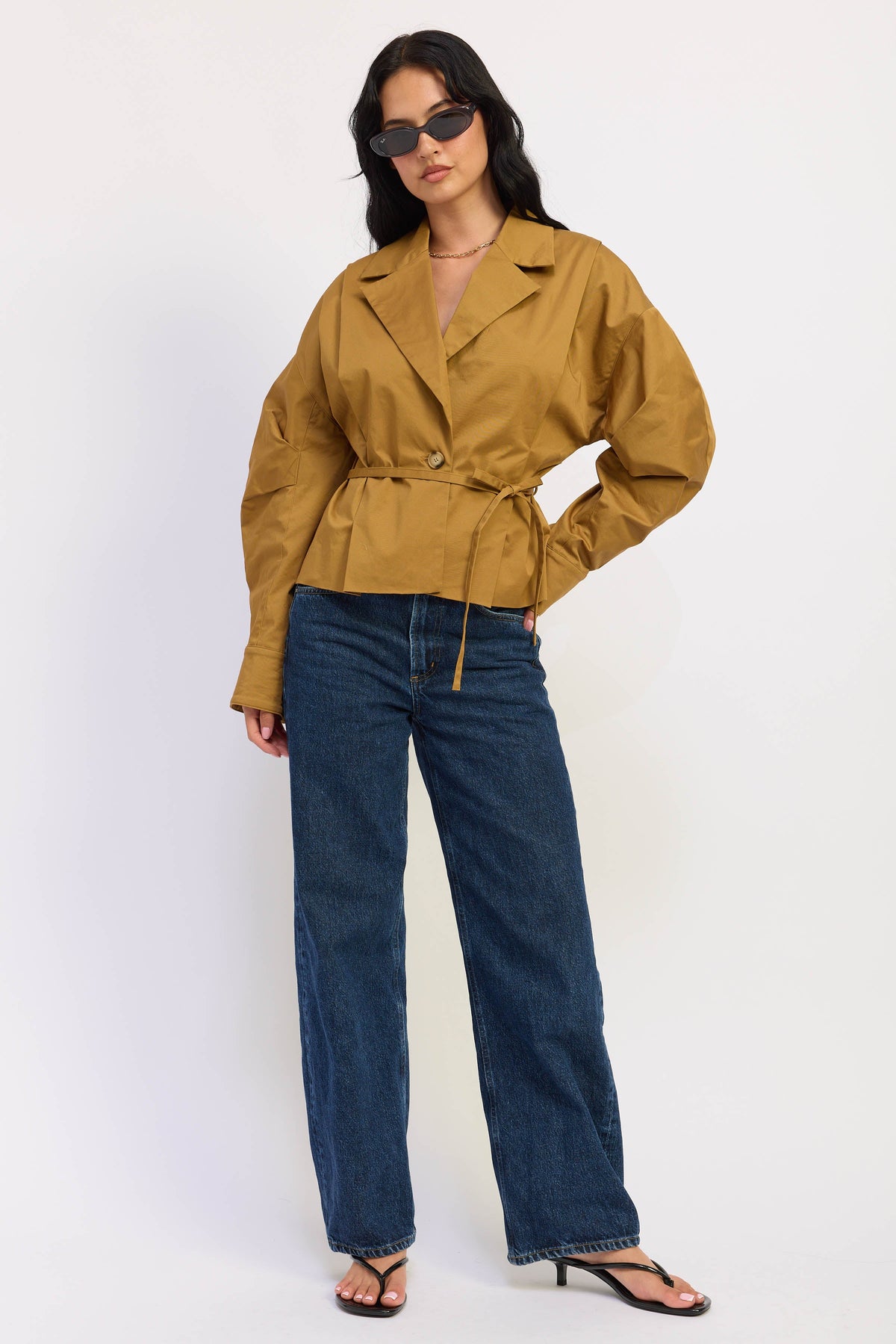 V-Neck Button Front Jacket in khaki, worn