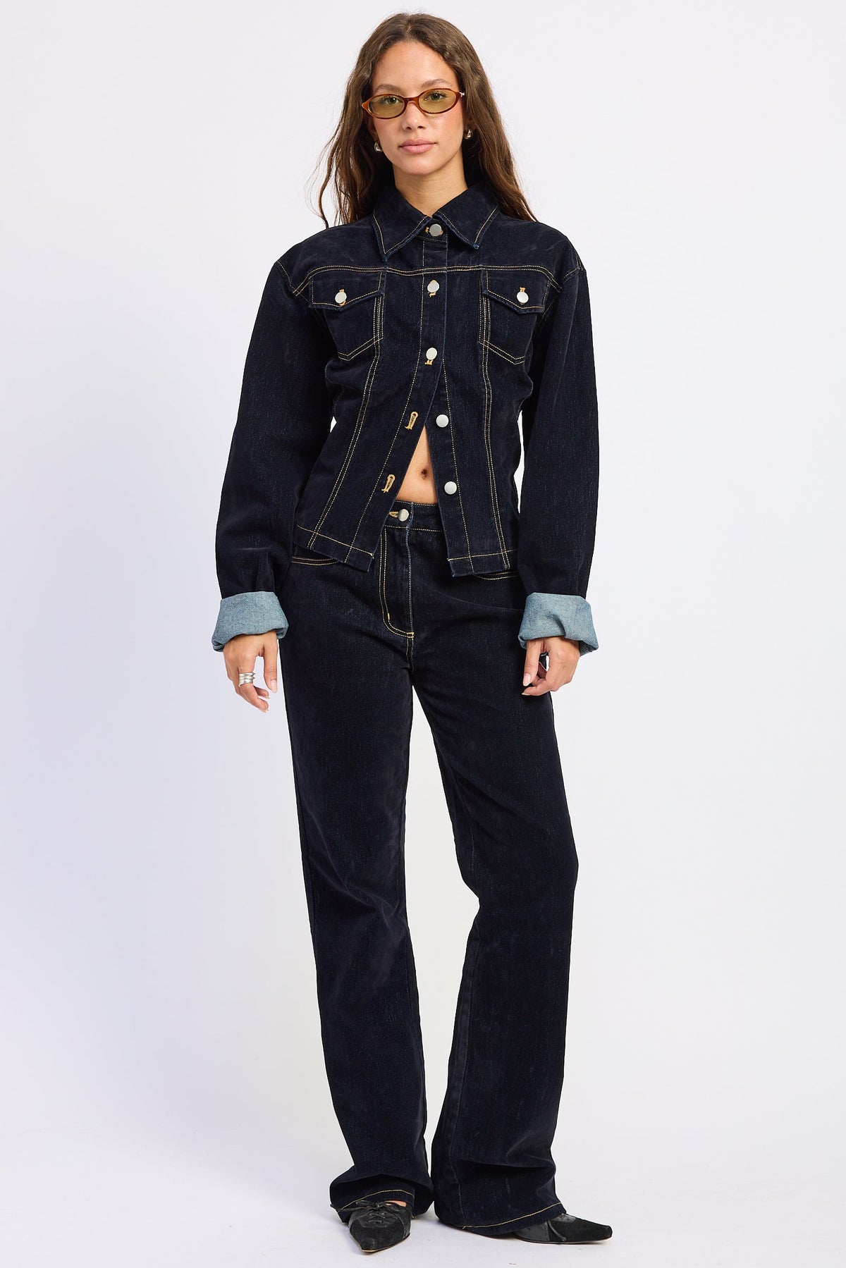 Denim Button-Up Jacket in dark blue, front view