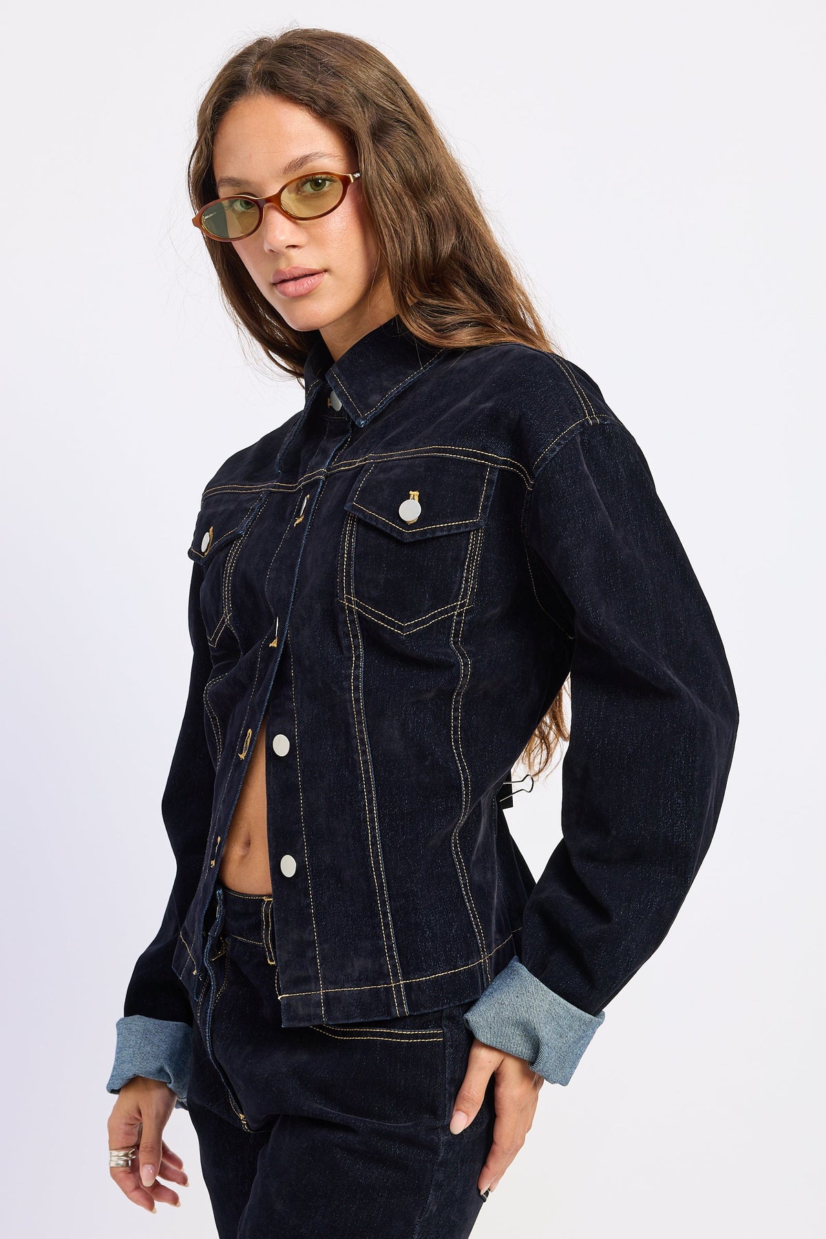 Denim Button-Up Jacket in dark blue, side view