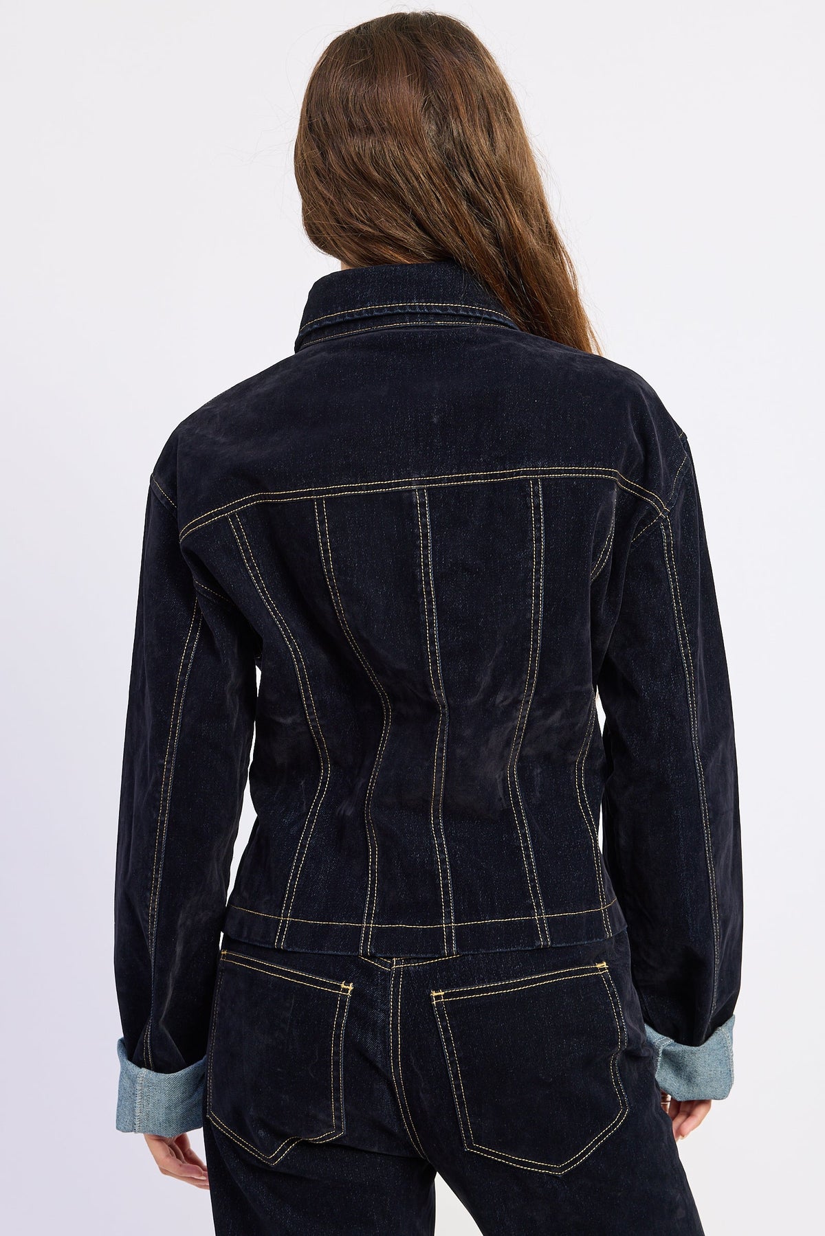 Denim Button-Up Jacket in dark blue, worn