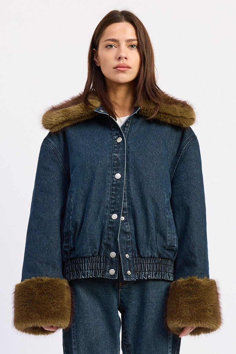 Mavi dark denim faux fur button-up jacket - view 1