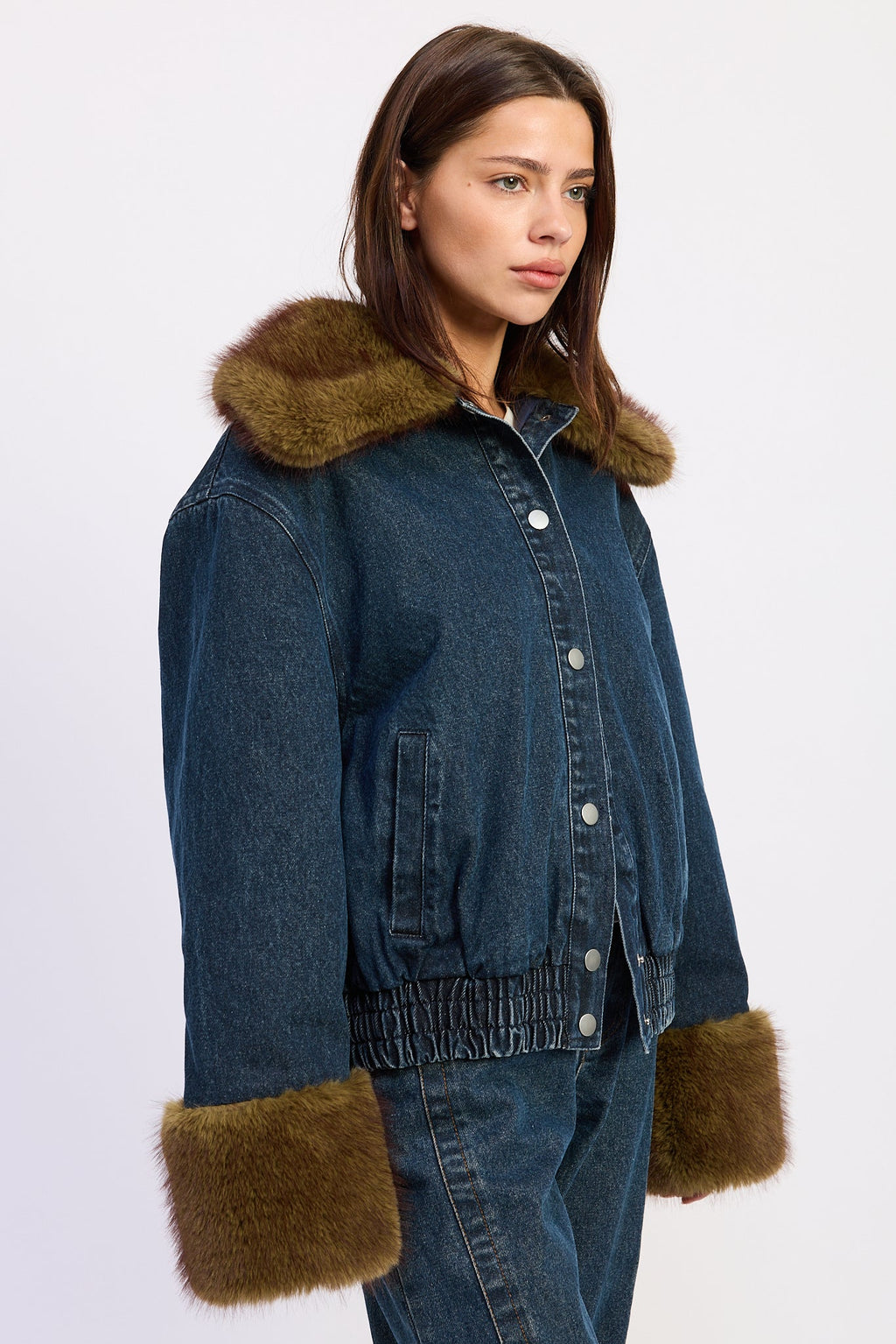 Mavi dark denim faux fur button-up jacket - view 2