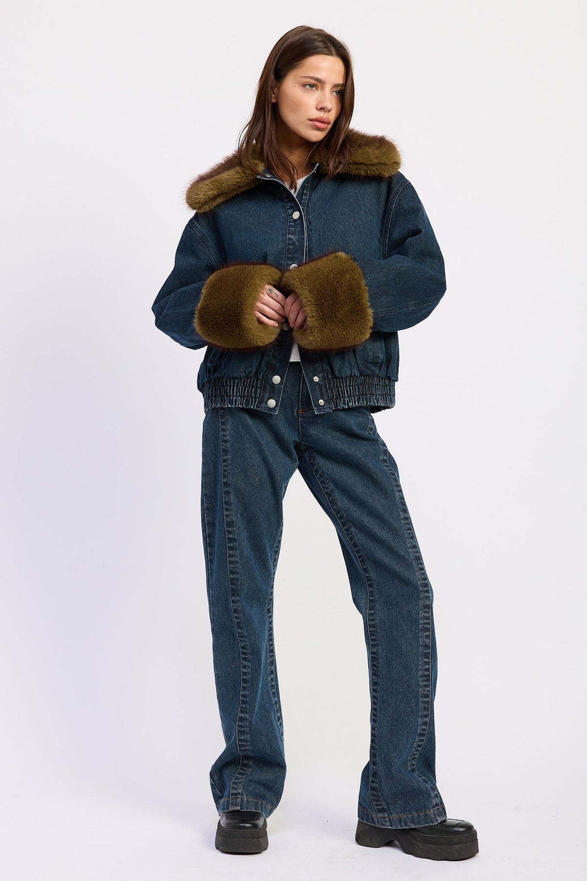 Mavi dark denim faux fur button-up jacket - view 4