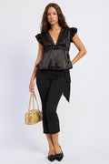 V-Neck Satin Cap Sleeve Top with Lace Trim in black, worn