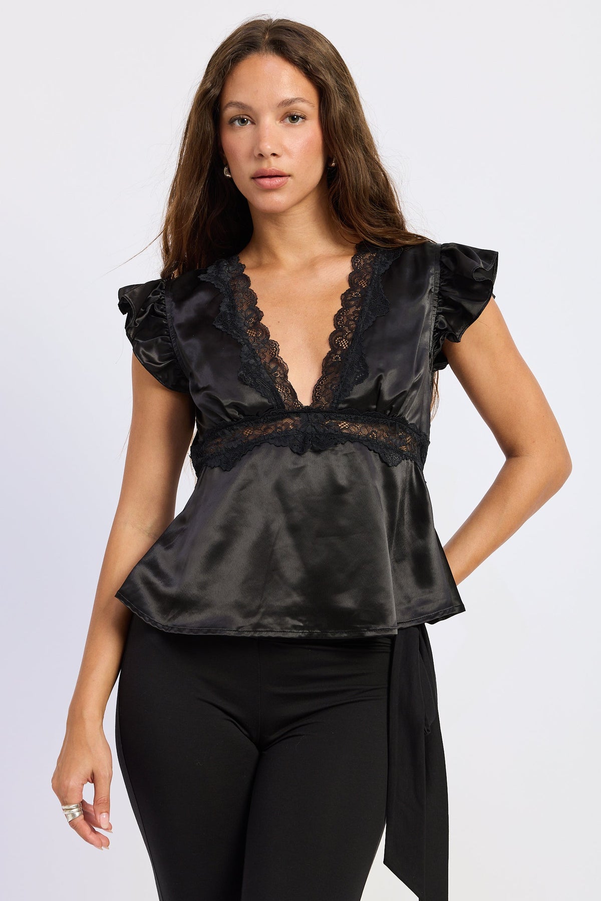 V-Neck Satin Cap Sleeve Top with Lace Trim in black, detail