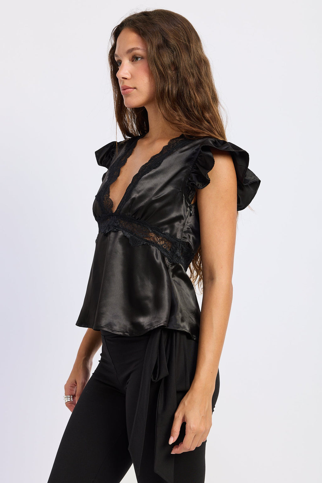 V-Neck Satin Cap Sleeve Top with Lace Trim in black, side view