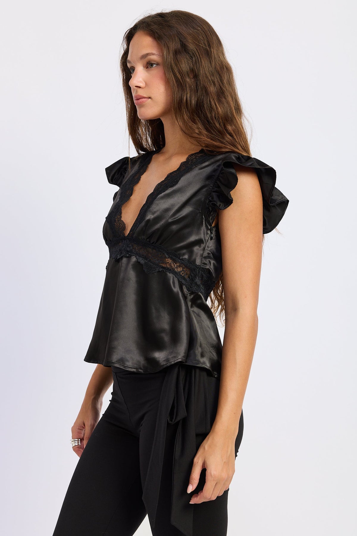 V-Neck Satin Cap Sleeve Top with Lace Trim in black, side view