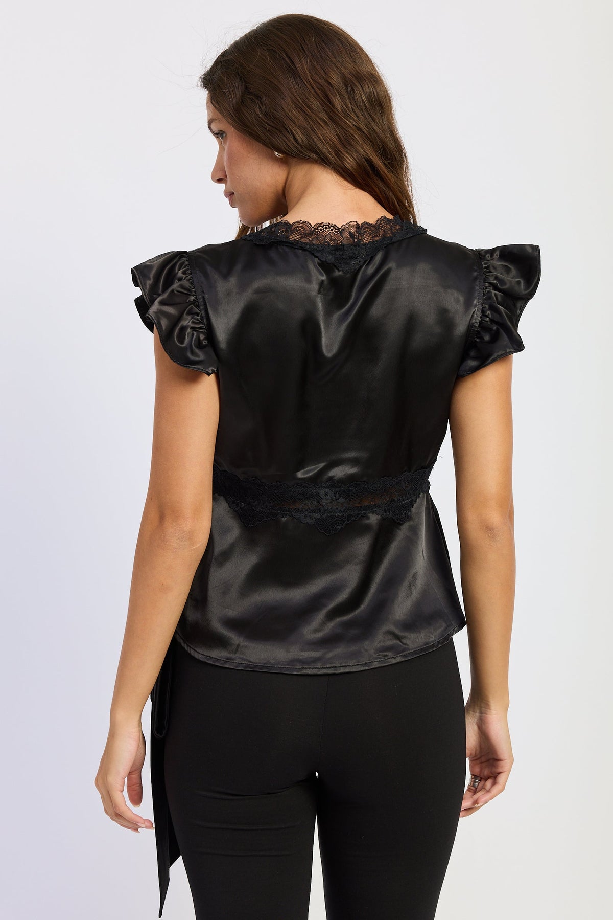 V-Neck Satin Cap Sleeve Top with Lace Trim in black, close-up