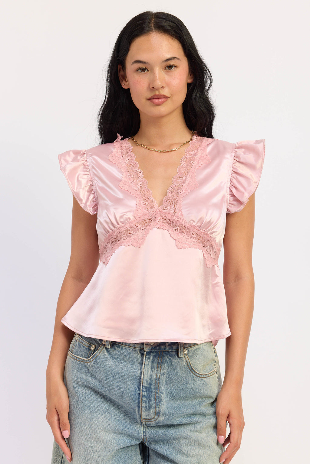 V-Neck Satin Cap Sleeve Top with Lace Trim in pink, front view