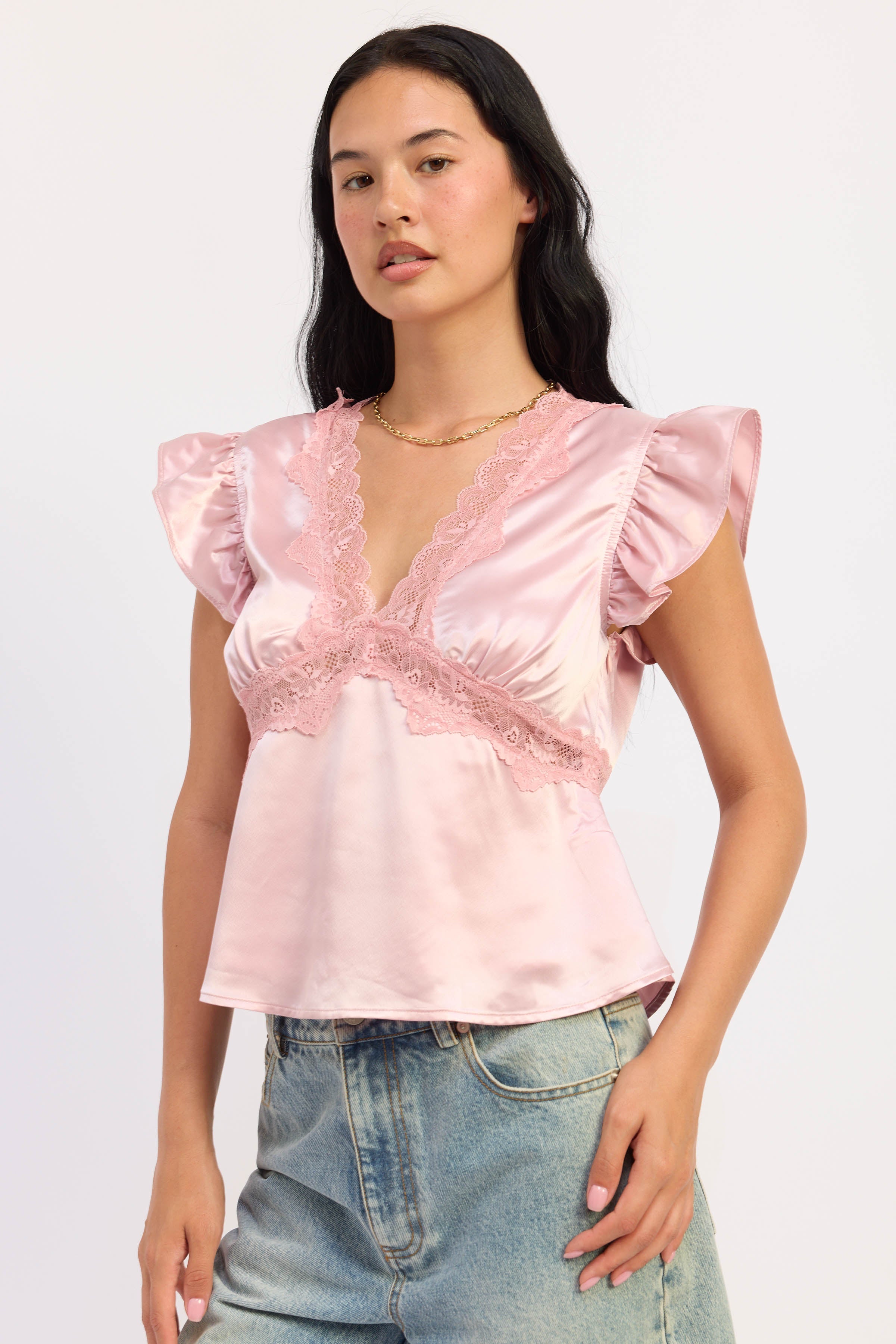 V-Neck Satin Cap Sleeve Top with Lace Trim in pink, detail