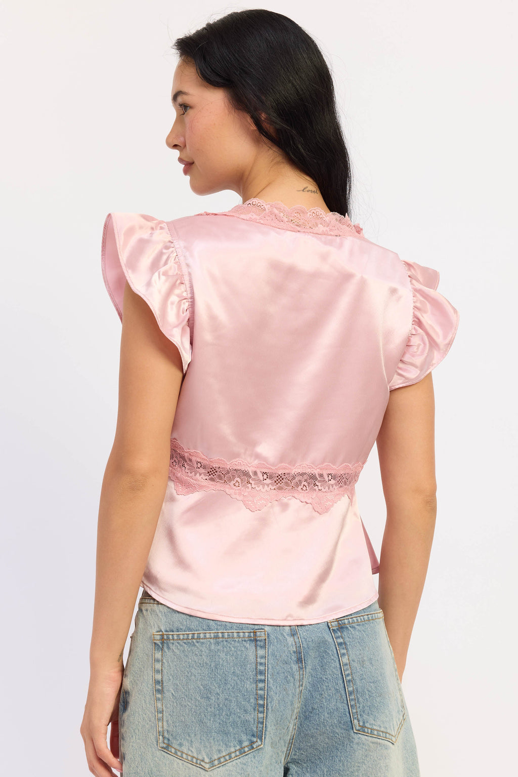 V-Neck Satin Cap Sleeve Top with Lace Trim in pink, side view
