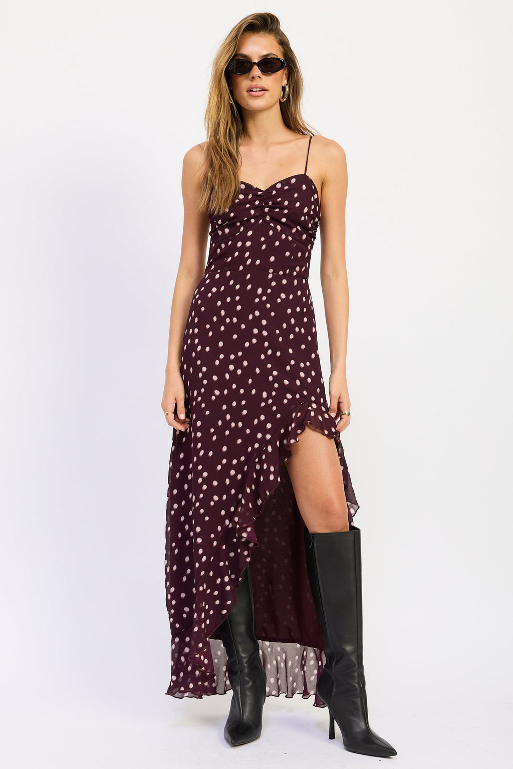 Wine polka dot Rayna maxi dress with ruffles and front slit - view 1