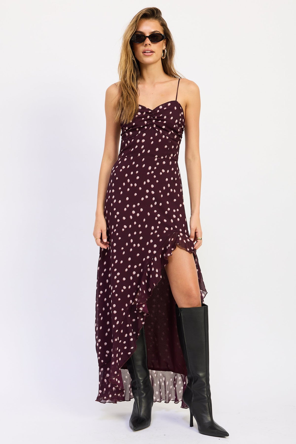 Wine polka dot Rayna maxi dress with ruffles and front slit - view 1