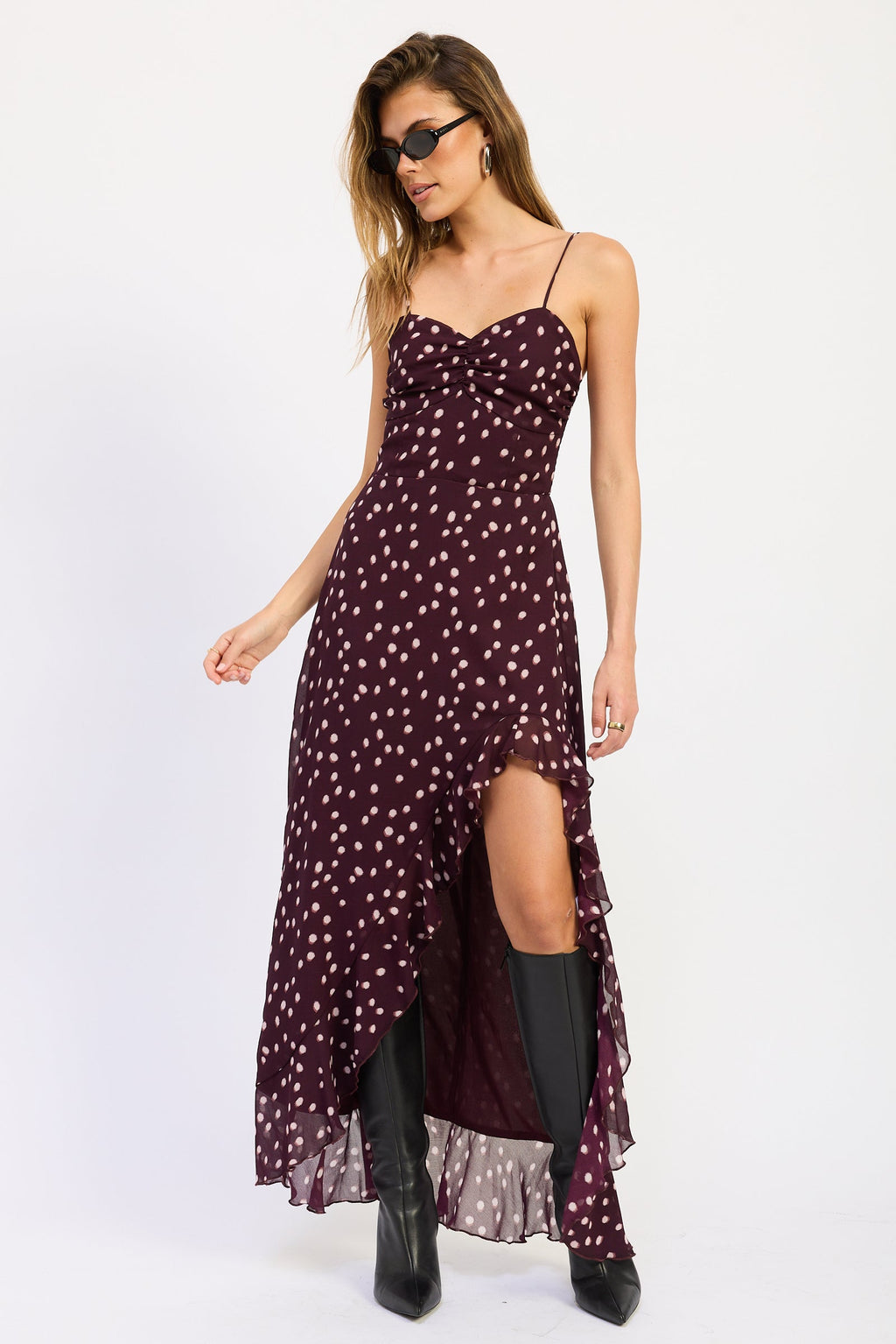 Wine polka dot Rayna maxi dress with ruffles and front slit - view 4