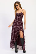 Wine polka dot Rayna maxi dress with ruffles and front slit - view 4