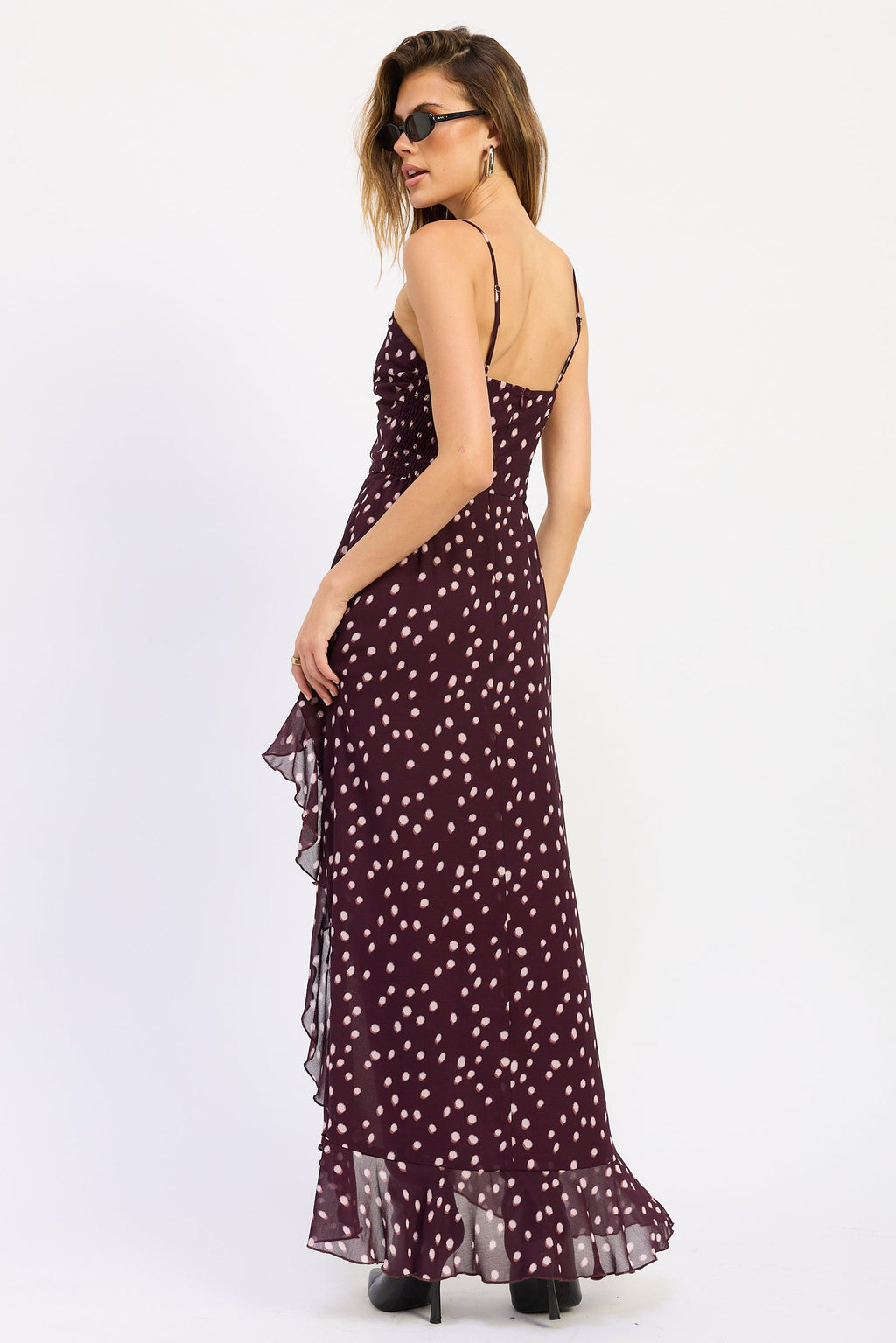 Wine polka dot Rayna maxi dress with ruffles and front slit - view 3