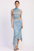 Asymmetrical Merrow Hem Midi Skirt in blue polka dot, front view