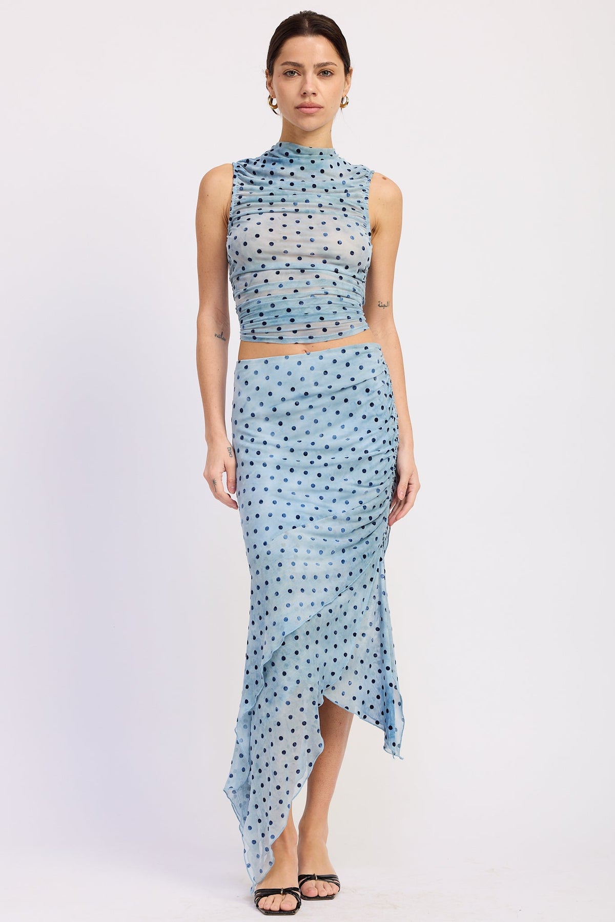 Asymmetrical Merrow Hem Midi Skirt in blue polka dot, front view
