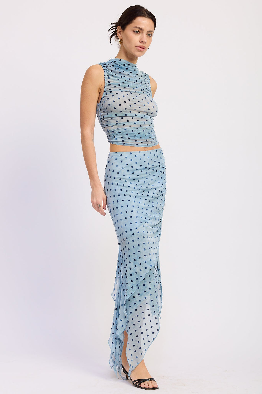 Asymmetrical Merrow Hem Midi Skirt in blue polka dot, detail