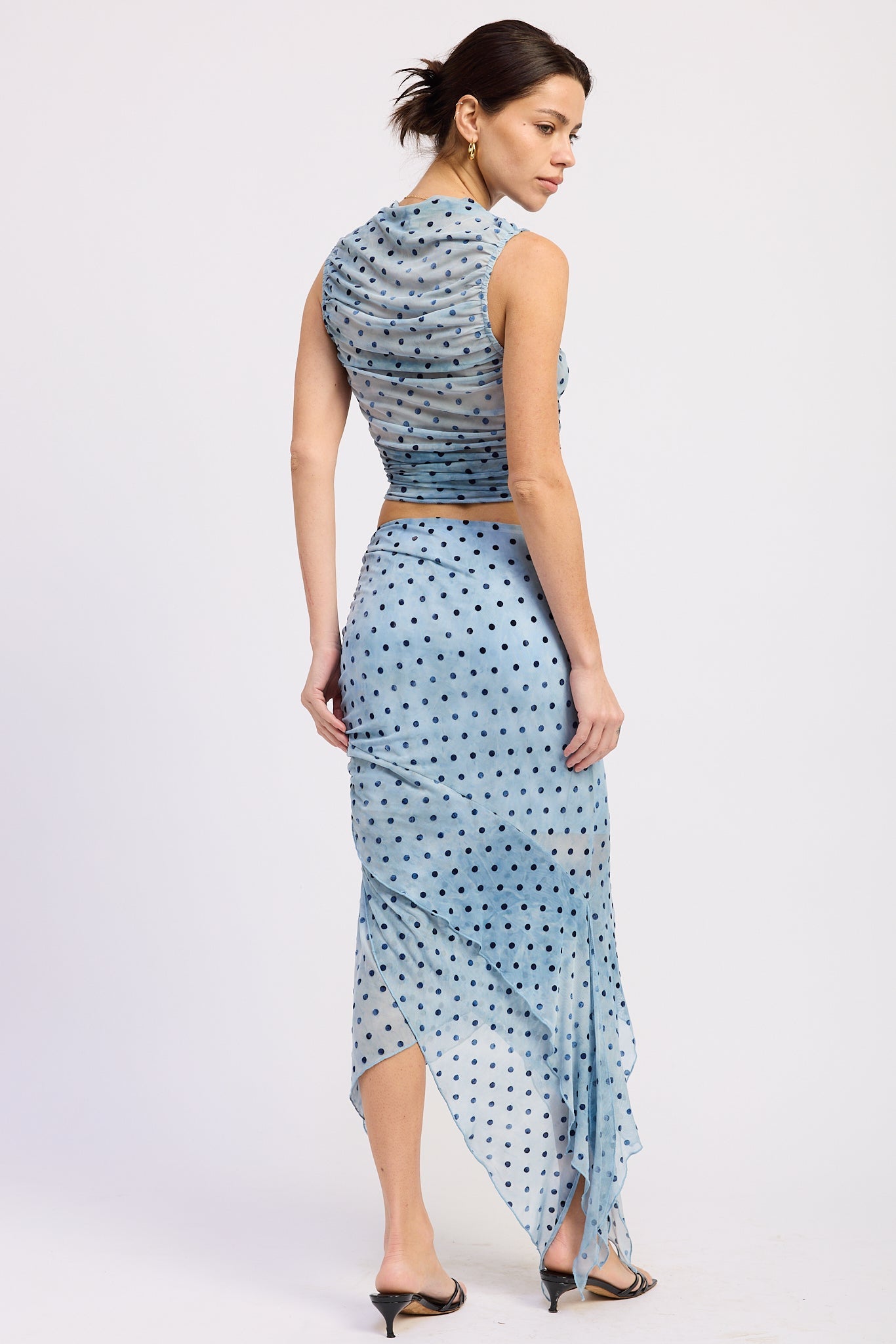 Asymmetrical Merrow Hem Midi Skirt in blue polka dot, side view