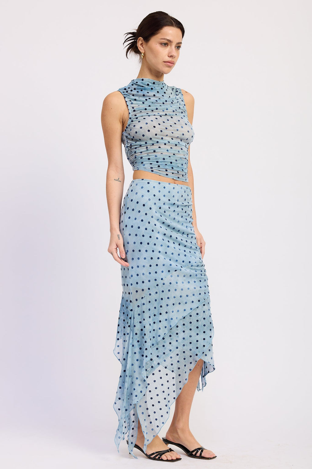 Mock Neck Shirred Tank Top in blue polka dot, detail