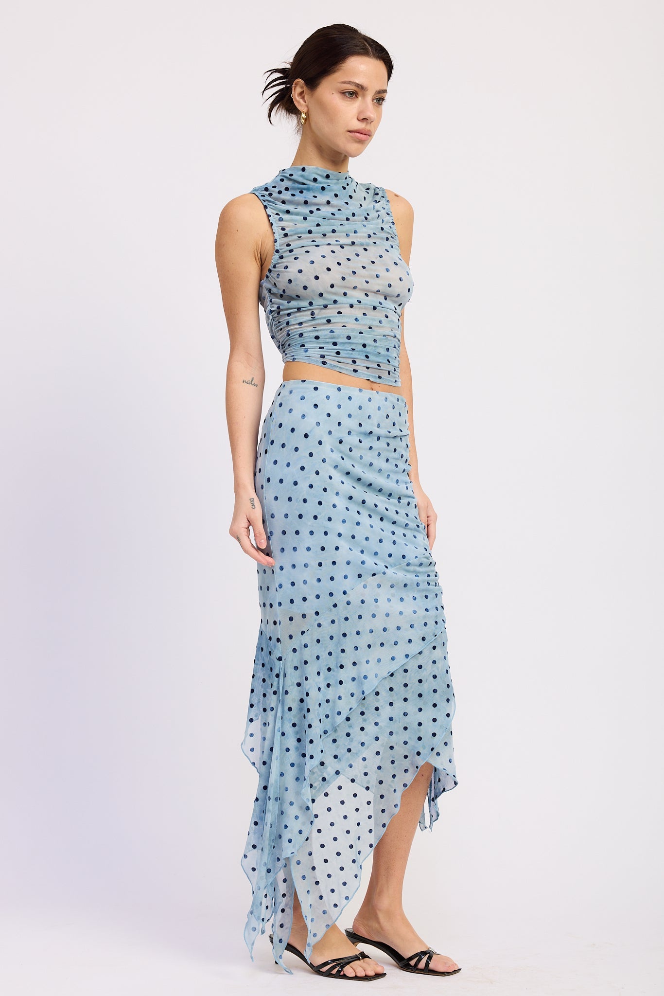 Mock Neck Shirred Tank Top in blue polka dot, detail