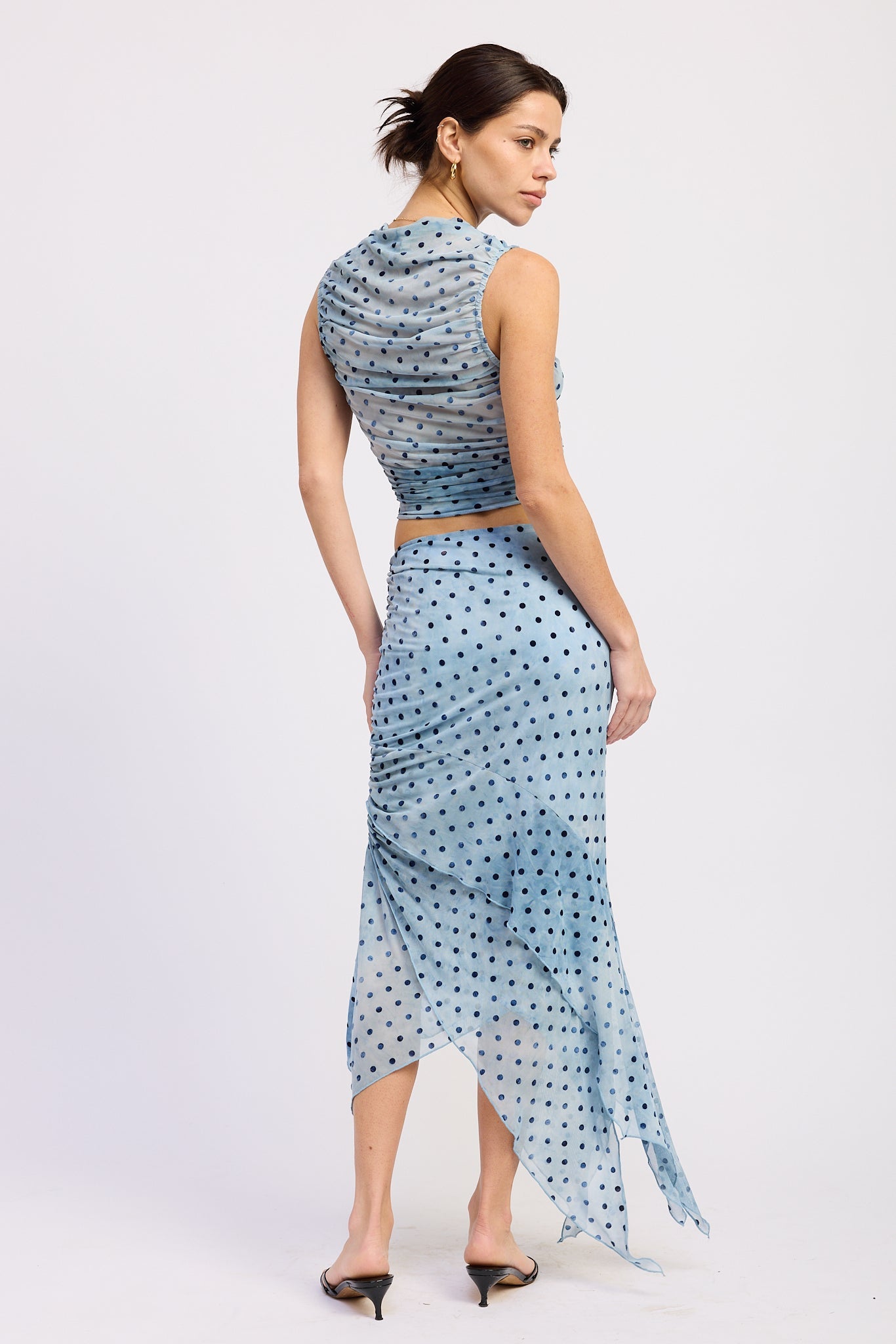 Mock Neck Shirred Tank Top in blue polka dot, side view
