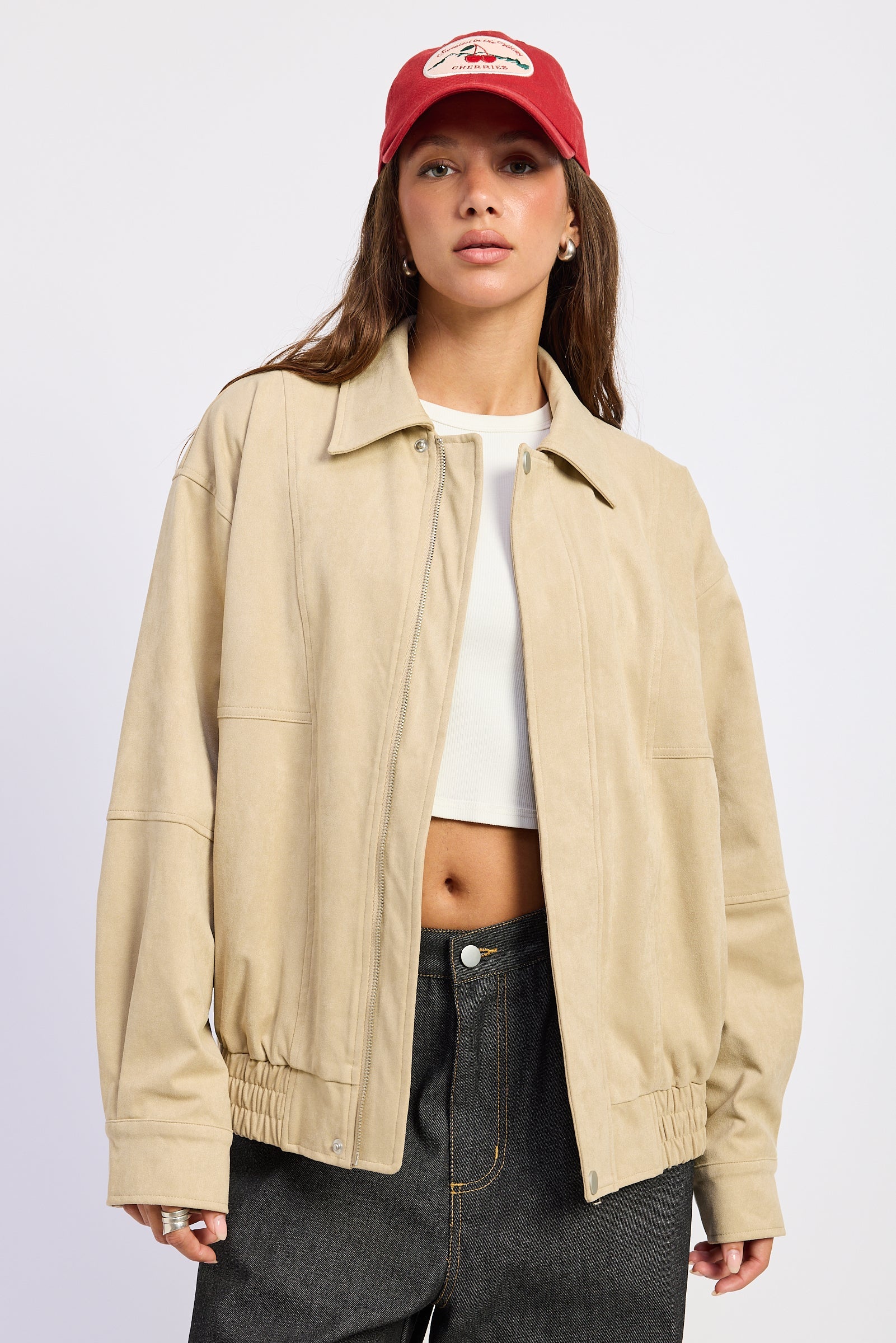 Oversized Suede Bomber Jacket in light beige, worn