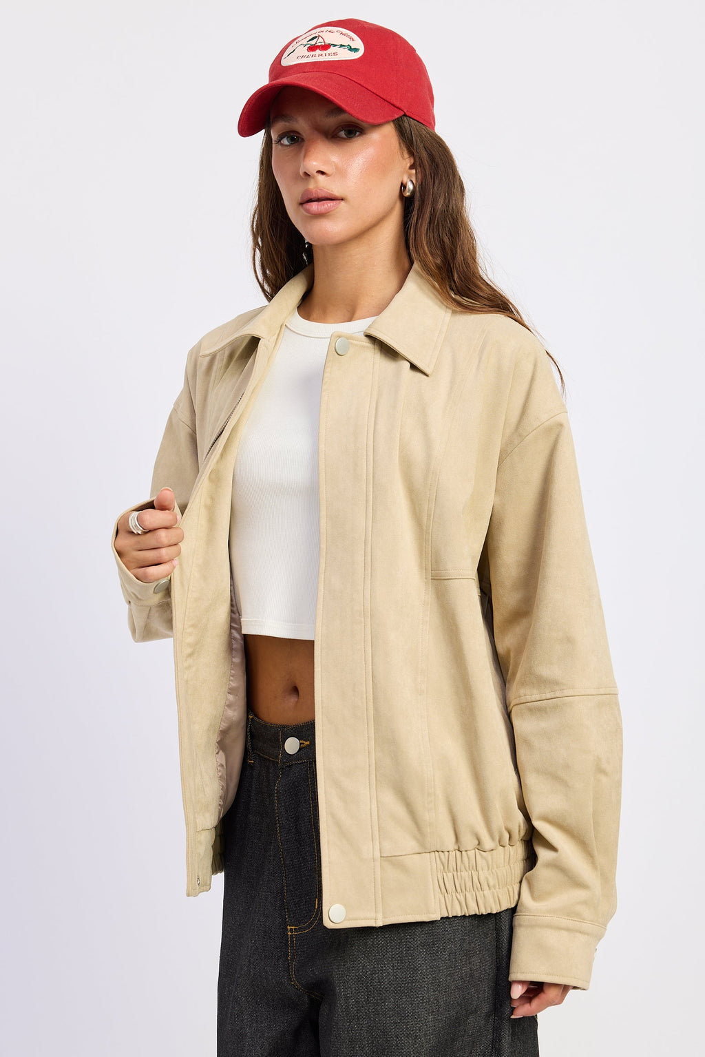 Oversized Suede Bomber Jacket in light beige, detail