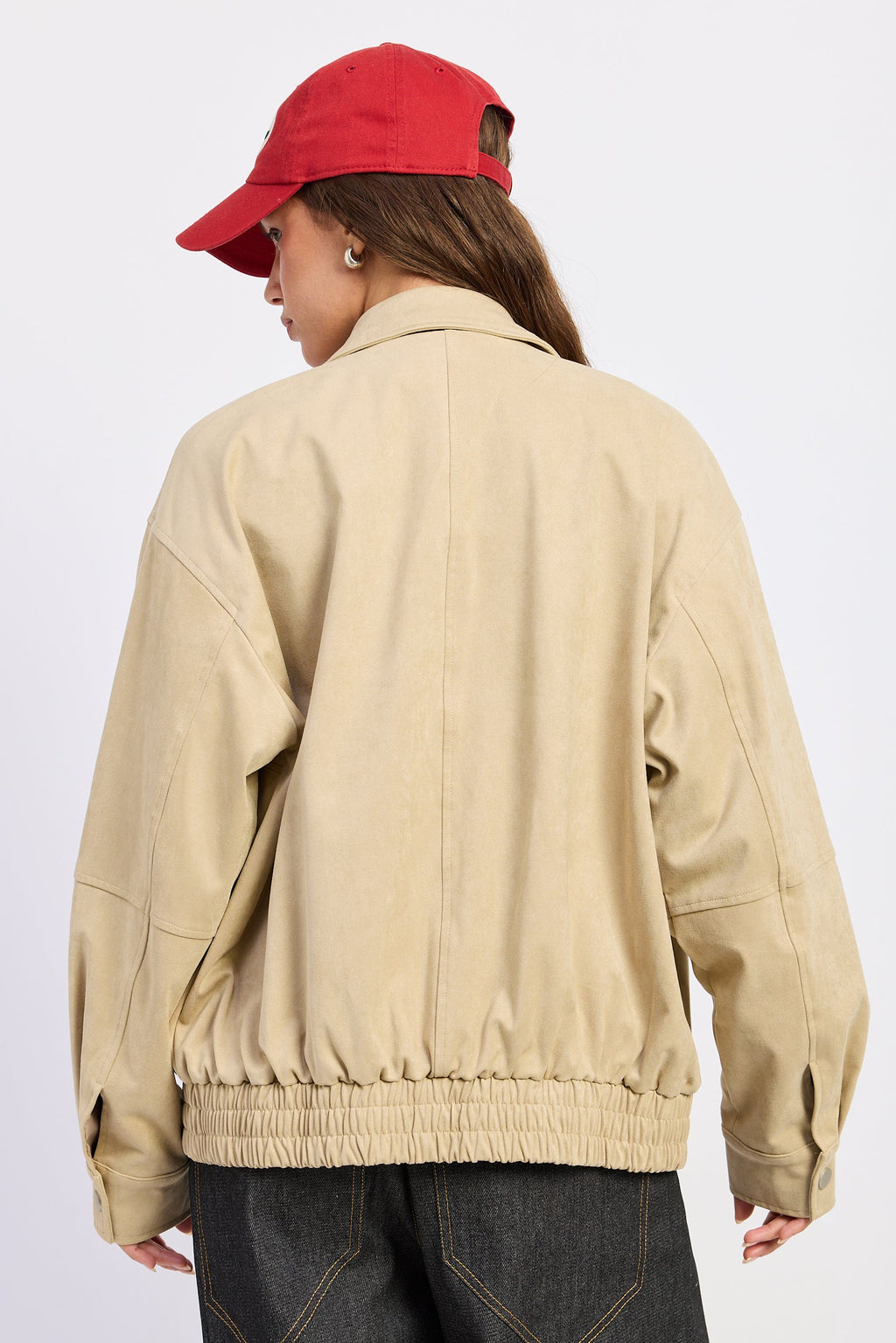 Oversized Suede Bomber Jacket in light beige, side view