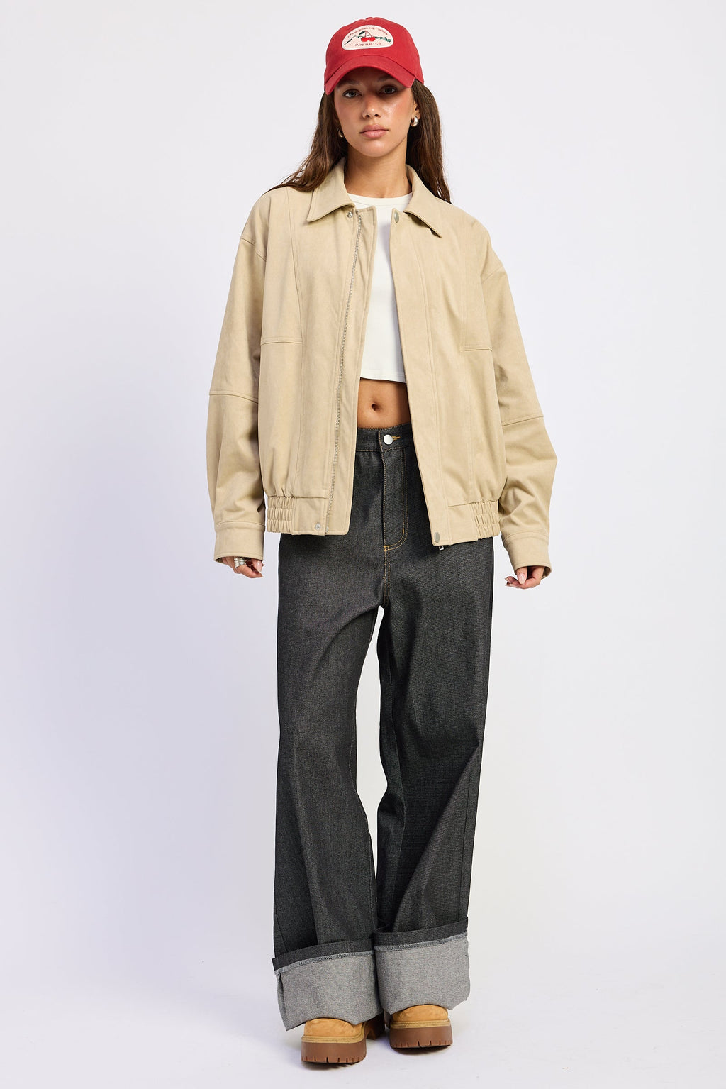 Oversized Suede Bomber Jacket in light beige, close-up