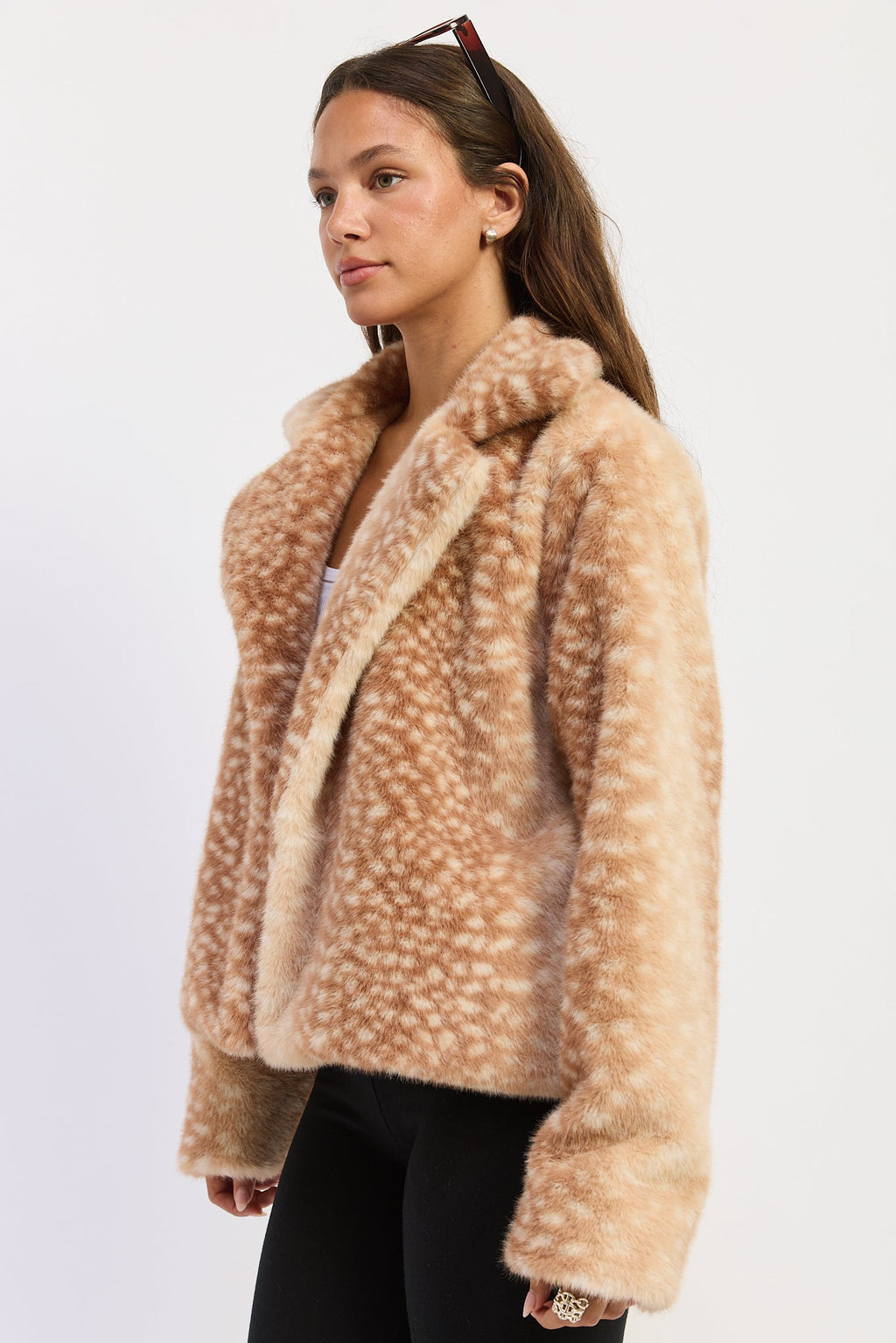 Fawn Print Faux Fur Jacket in blush, side view