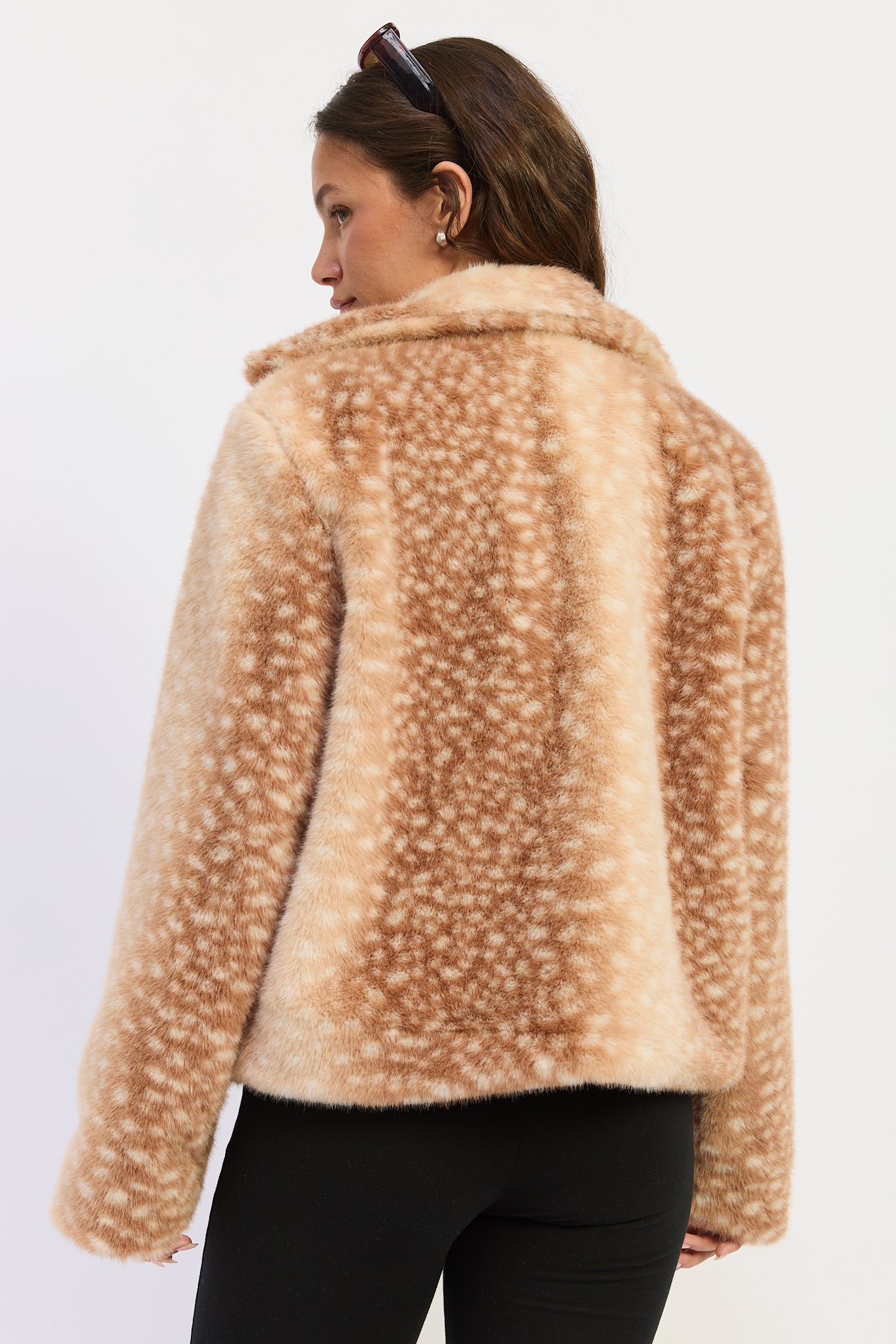 Fawn Print Faux Fur Jacket in blush, close-up