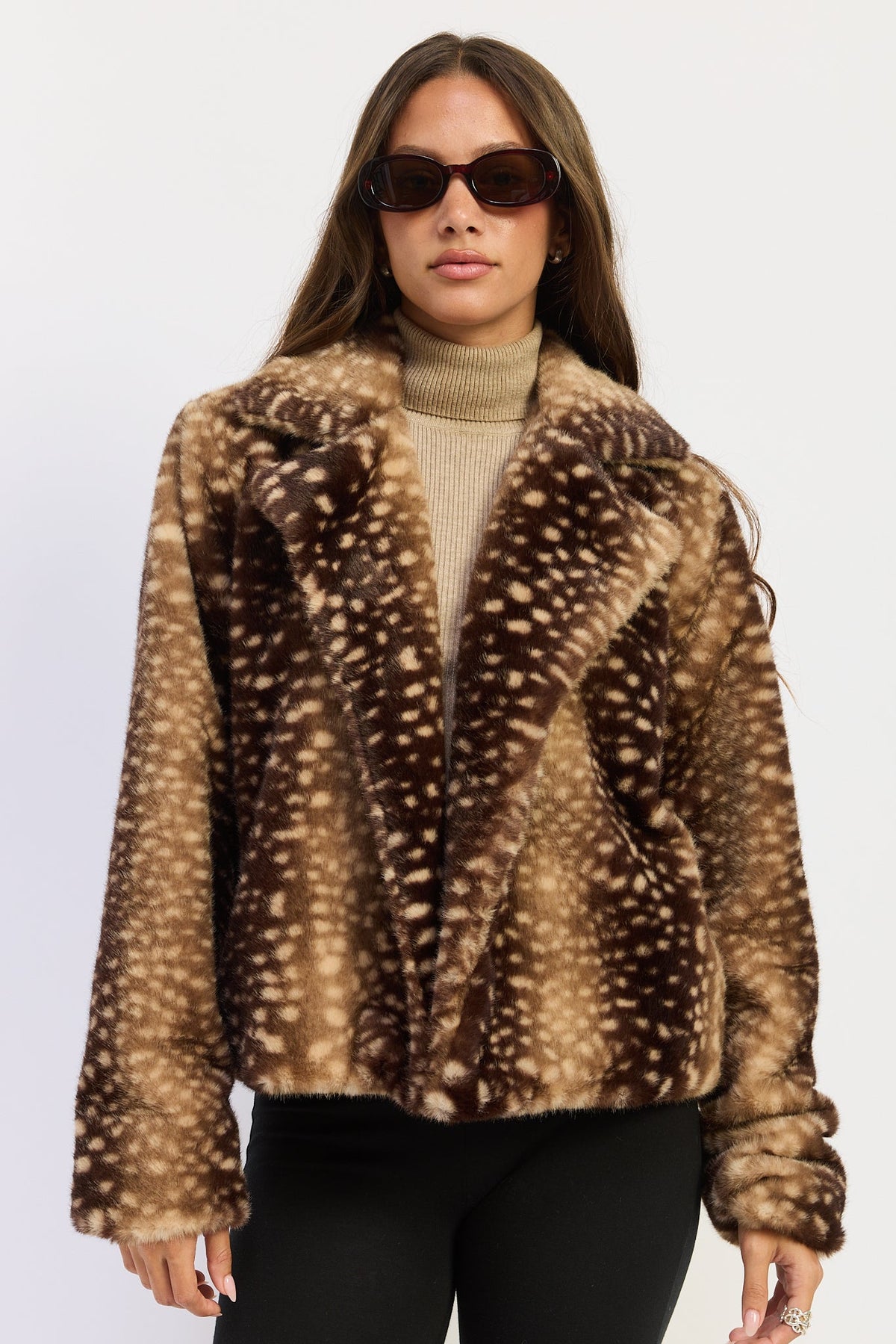 Fawn Print Faux Fur Jacket in brown, detail