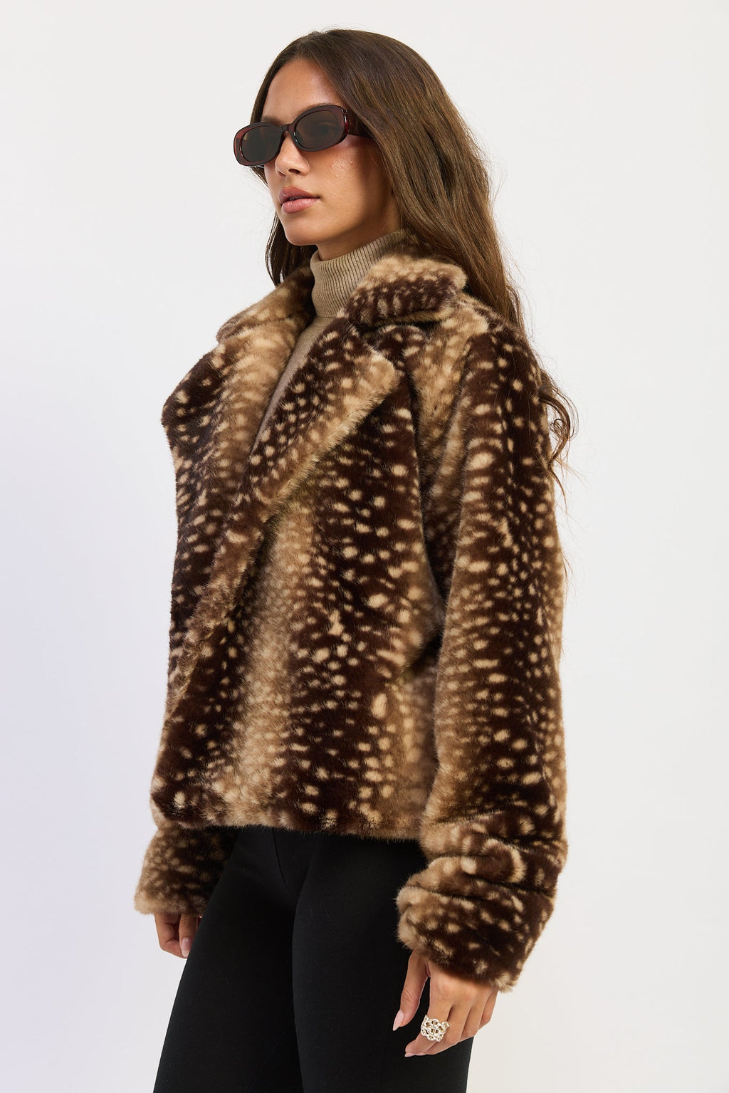 Fawn Print Faux Fur Jacket in brown, side view