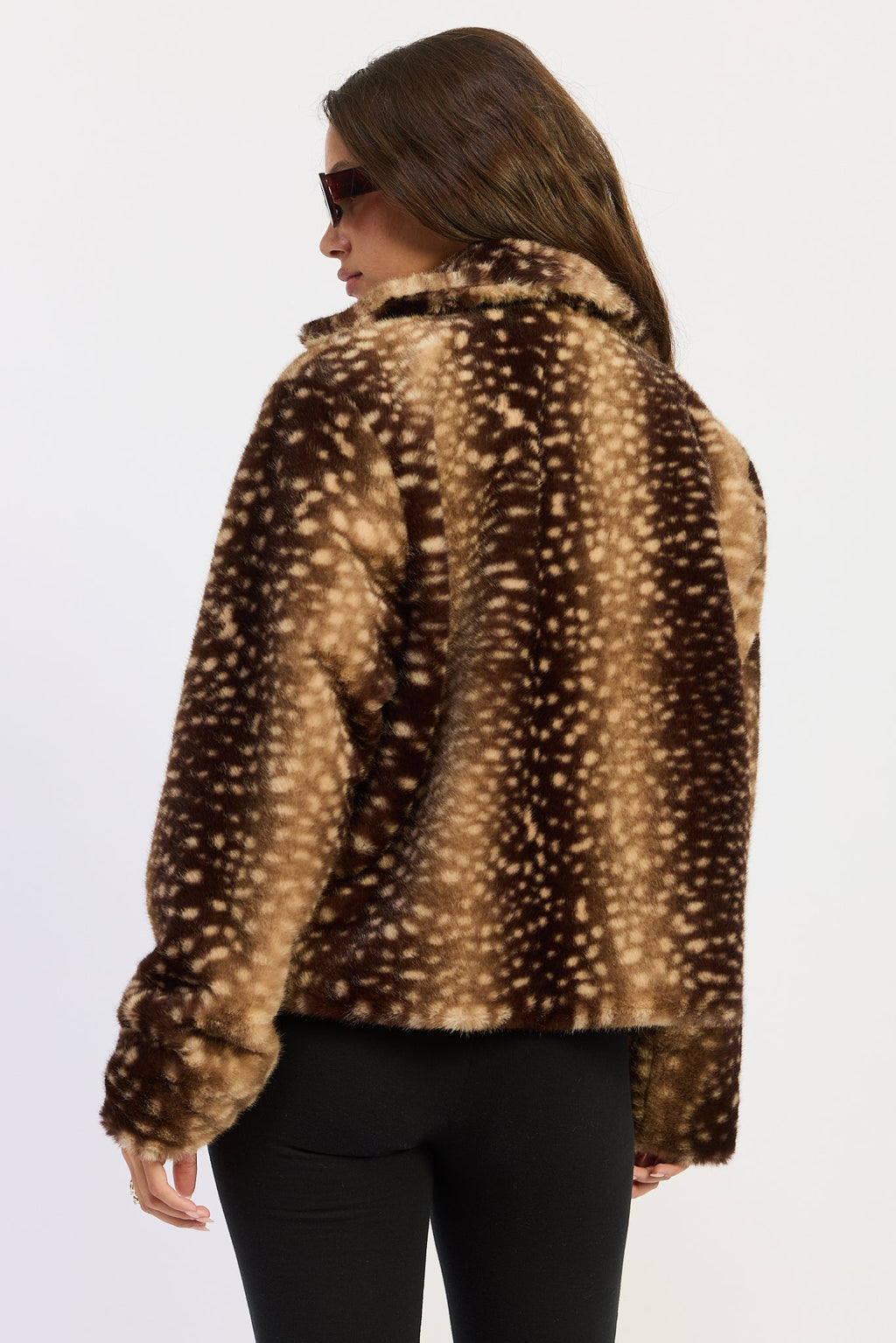 Fawn Print Faux Fur Jacket in brown, close-up