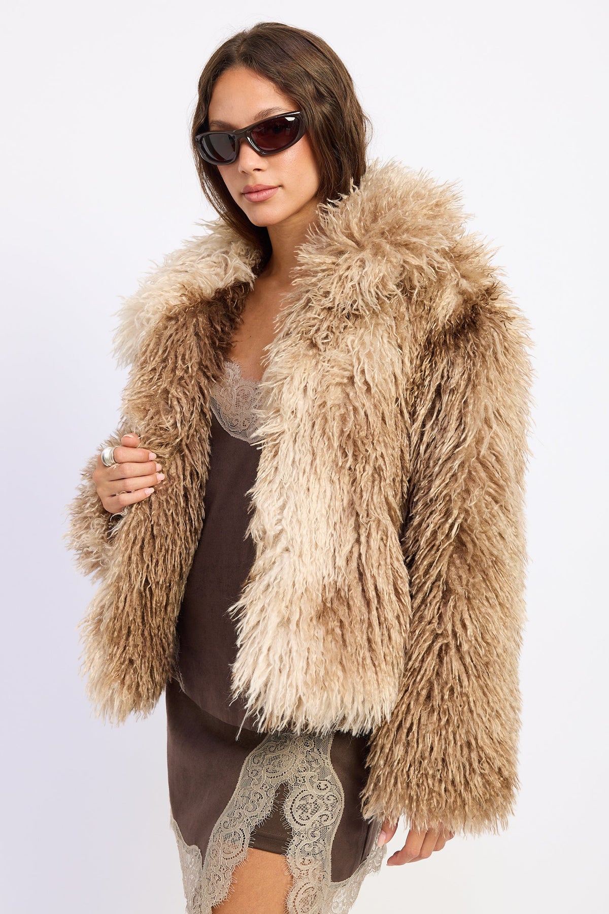 Zafrina brown tie dye oversized faux fur coat - view 2