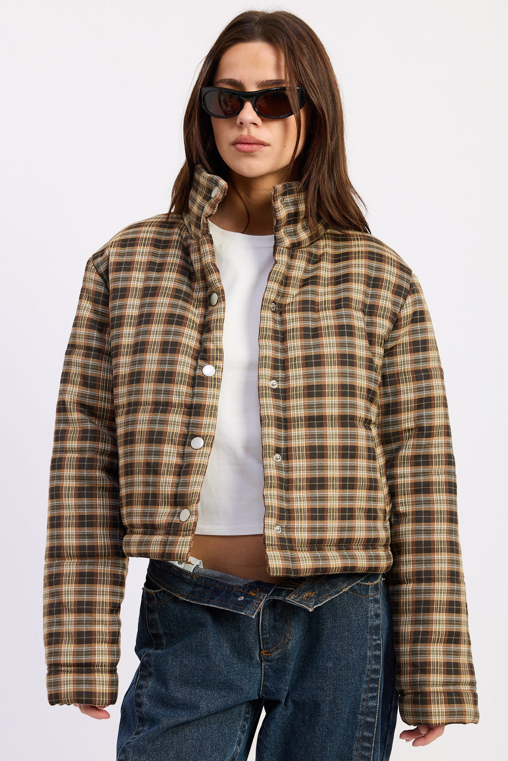 Calliope collared plaid puffer jacket in brown and grey - view 1