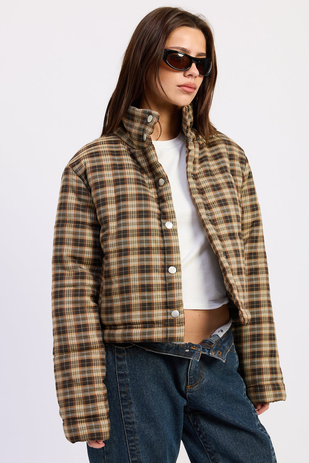 Calliope collared plaid puffer jacket in brown and grey - view 2