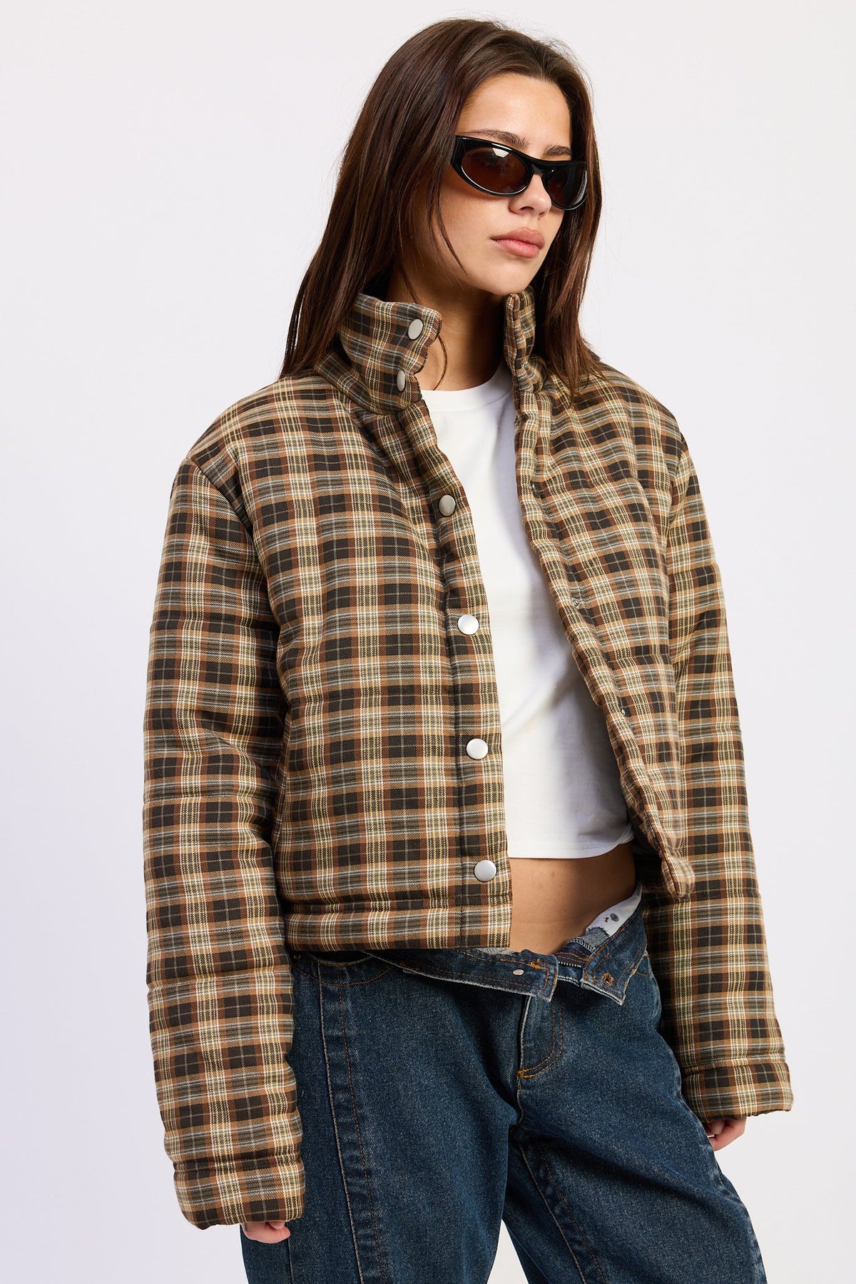 Calliope collared plaid puffer jacket in brown and grey - view 2