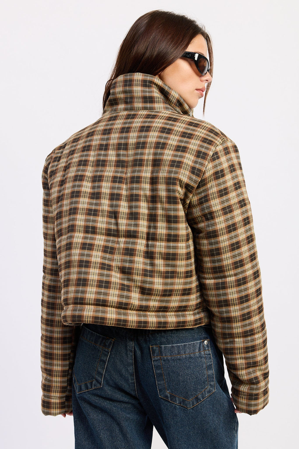 Calliope collared plaid puffer jacket in brown and grey - view 3