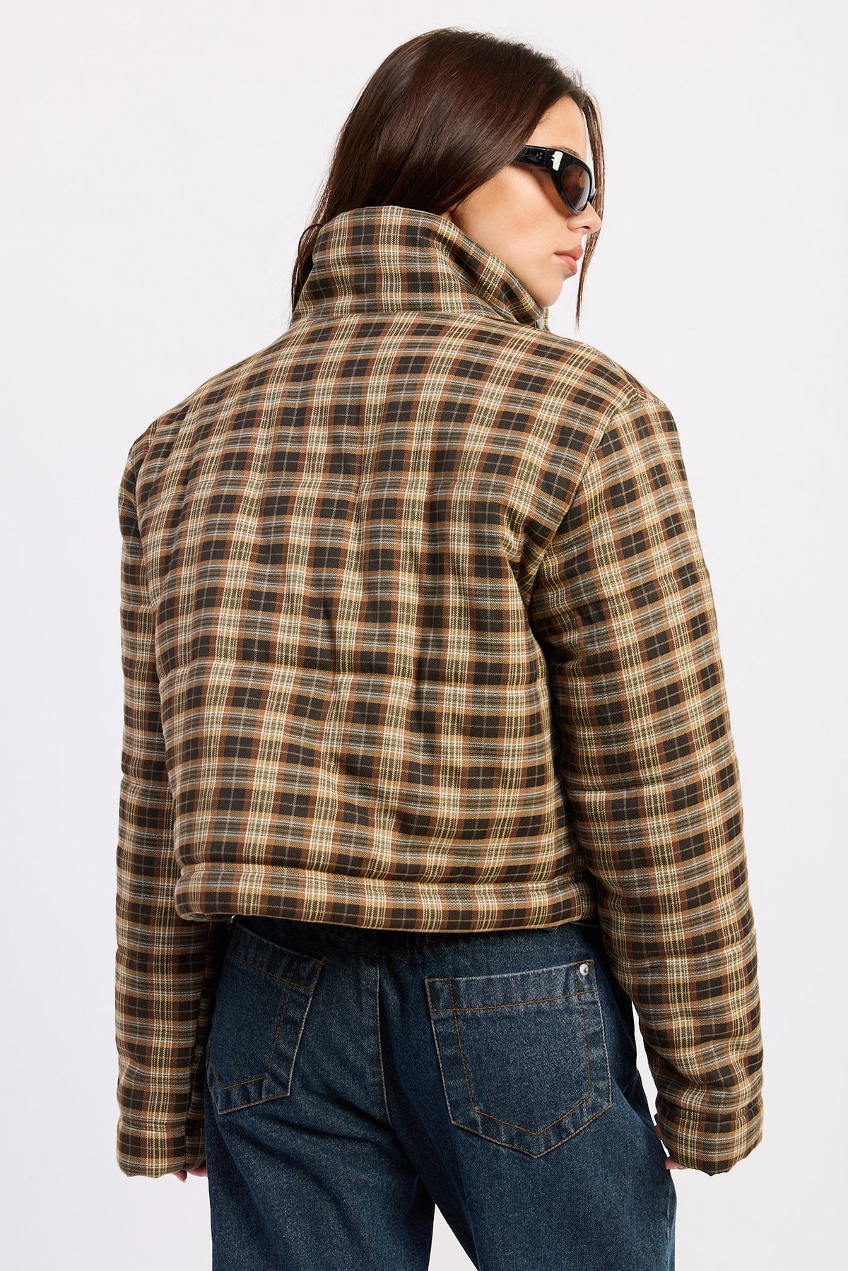 Calliope collared plaid puffer jacket in brown and grey - view 3