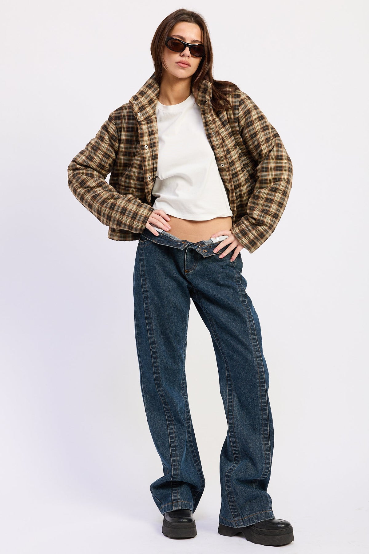 Calliope collared plaid puffer jacket in brown and grey - view 4