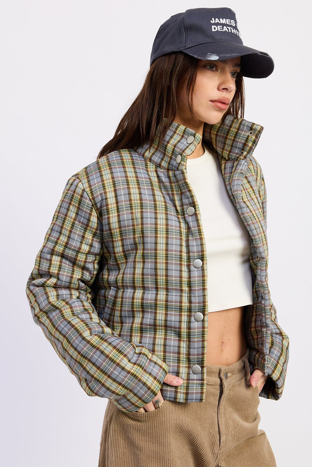 Calliope collared plaid puffer jacket in brown and grey - view 6