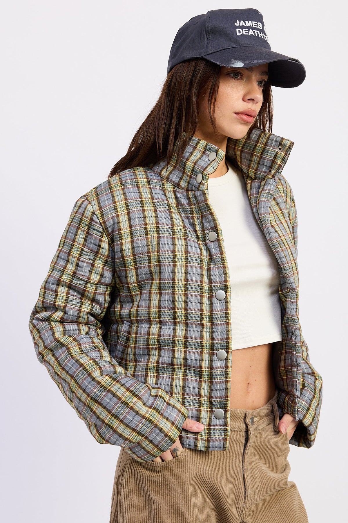 Calliope collared plaid puffer jacket in brown and grey - view 6