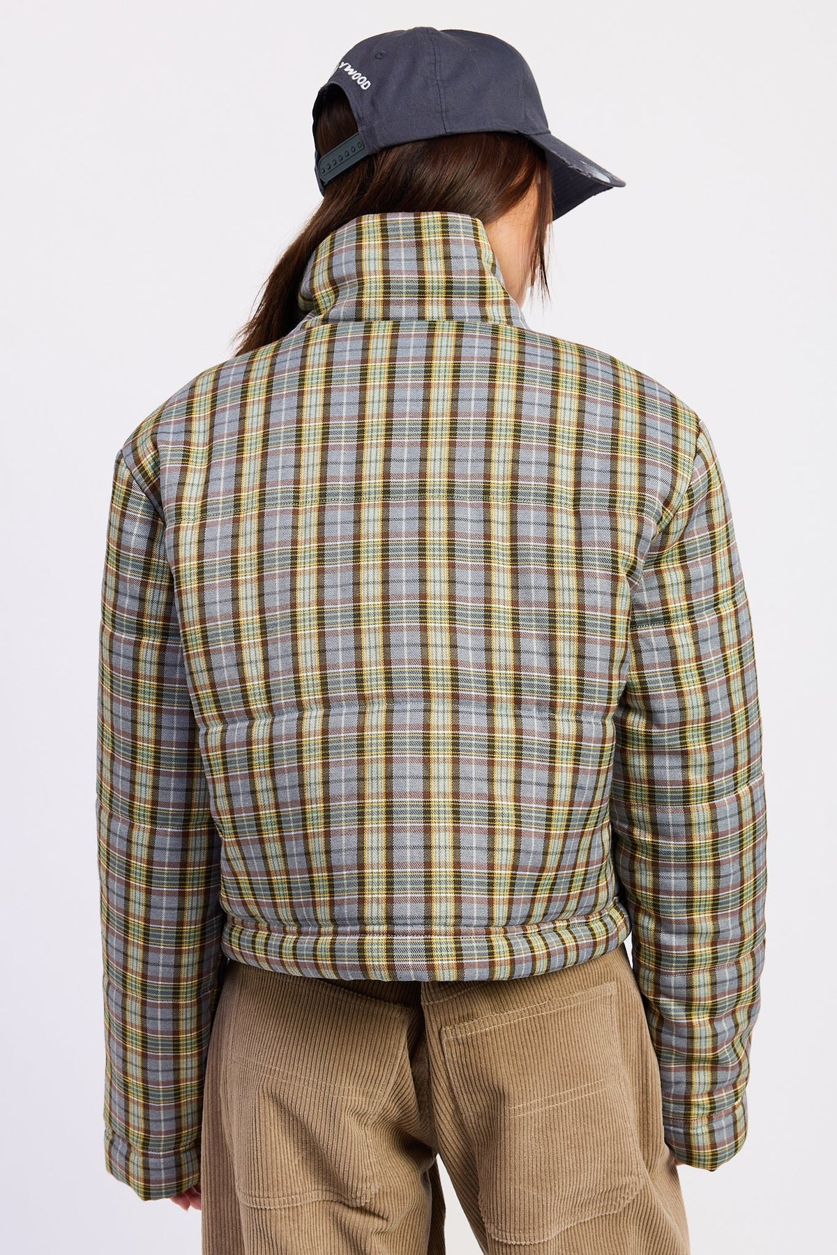 Calliope collared plaid puffer jacket in brown and grey - view 7
